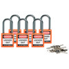 Cadenas de sécurité compacts Brady avec arceau 38 mm, dotés de clés différentes, Orange, KD - Clé différente, Aluminium, 38.10 mm, 6 Pièce / Boîte